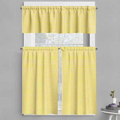 Ambesonne Checkered Valance & Tier Curtain 3 pcs Set, Classic English Pattern in Yellow Picnic in Summertime Theme Retro Striped, Window Treatments for Kitchen Room Decor, 55" x 24", Yellow White