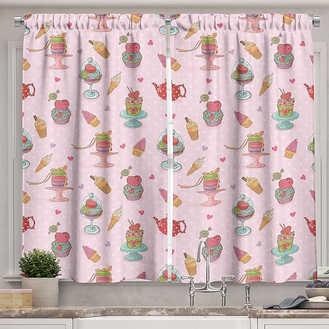 Ambesonne Ice Cream Kitchen Curtains, Retro Style Cupcakes Teapots Candies Cookies on Polka Dots Vintage Kitchen Print, Window Drapes 2 Panel Set for Kitchen Cafe Decor, 55" x 39", Pastel Pink