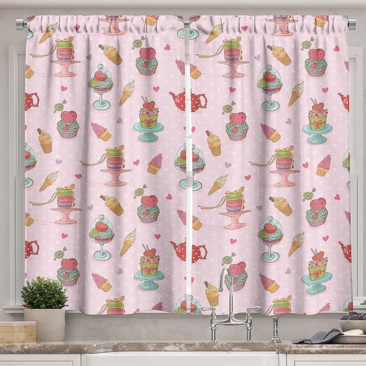 Ambesonne Ice Cream Long Kitchen Curtains, Retro Style Cupcakes Teapots Candies Cookies on Polka Dots Vintage Kitchen Print, Two Panels Drapes with Rod Pocket Room Decor, 55" x 45", Pastel Pink