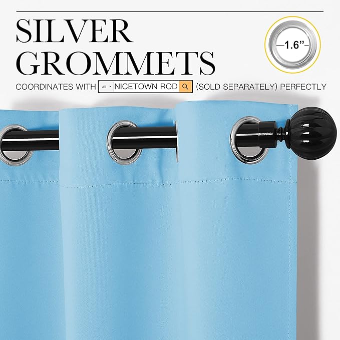 NICETOWN Home Fashion Thermal Insulated Solid Grommet Blackout Curtain Panels for Bedroom (1 Pair, 42 inches Wide by 63 inches Long, Blue)