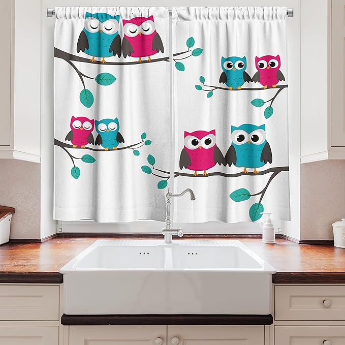 Ambesonne Nursery Long Kitchen Curtains, Couples of Owls Sitting on Spring Branches Funny Cartoon Characters, Two Panels Drapes with Rod Pocket Room Decor, 55" x 45", Pink Turquoise