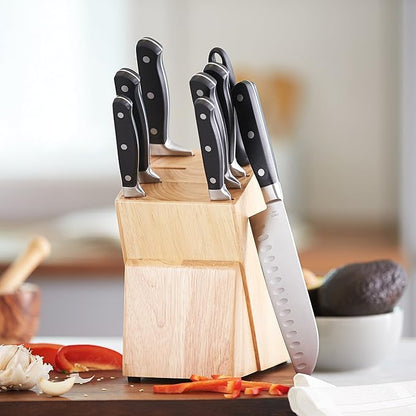 Amazon Basics 9-Piece Premium Kitchen High-Carbon Stainless-Steel Blades with Pine Wood Knife Block Set, Black