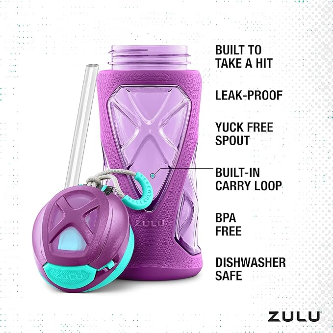 ZULU Torque 16oz Plastic Kids Water Bottle with Silicone Sleeve and Leak