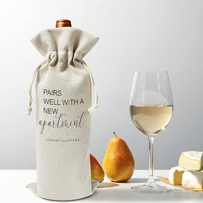 Zodvery Pairs Well With A New Apartment Wine Gift Bags - Gift for Housewarming, New Home Owner Gift, Realtor Gift to Clients - Reusable Burlap With Drawstring Gift Bag (5.5"x 13.5")-1 Pcs/jiu021