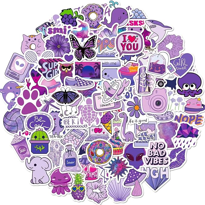 100PCS Purple Stickers, Lifany Cartoon Stickers Pack for Adults,Kids, Waterproof and Aesthetic Vinyl Stickers for Water Bottle, Laptop, Phone, Skateboard, Black Cat Decor Decal for Christmas