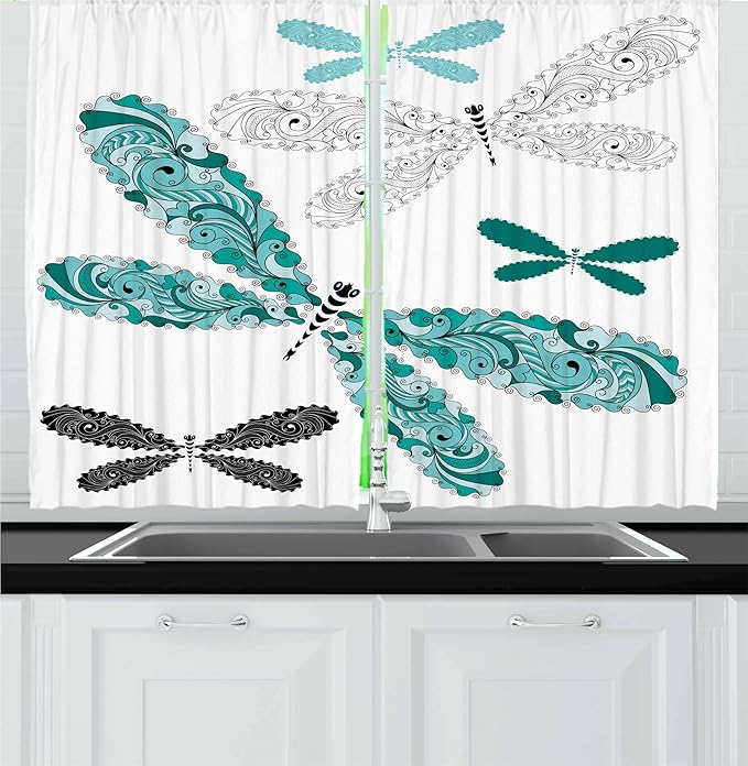 Ambesonne Dragonfly Kitchen Curtains, Ornamental Dragonfly with Lace and Damask Effects Image, Window Drapes 2 Panel Set for Kitchen Cafe Decor, 55" x 30", Black Turquoise