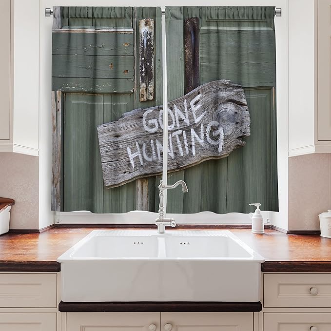 Ambesonne Hunting Long Kitchen Curtains, Gone Hunting Written on Wooden Board Old Worn Out Cottage Door Seasonal Hobby Fun, Two Panels Drapes with Rod Pocket Room Decor, 55" x 45", Green Gray