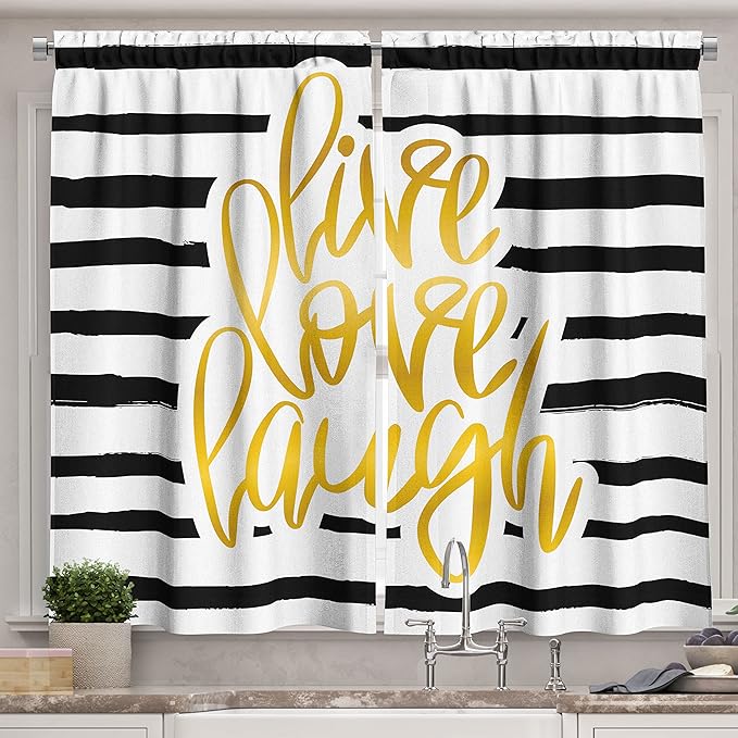 Ambesonne Live Laugh Love Kitchen Curtains, Romantic Design Hand Drawn Stripes and Calligraphic Text, Window Drapes 2 Panel Set for Kitchen Cafe Decor, 55" x 39", Cream Yellow