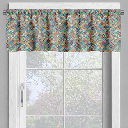 Ambesonne Bohemian Valance & Tier Curtain 3 pcs Set, Geometric Pattern Ornamental Floral Folk Art Abstract, Window Treatments for Kitchen Room Decor, 55" x 45", Blue Cream