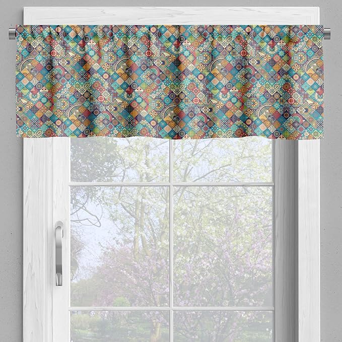 Ambesonne Bohemian Valance & Tier Curtain 3 pcs Set, Geometric Pattern Ornamental Floral Folk Art Abstract, Window Treatments for Kitchen Room Decor, 55" x 36", Blue Cream