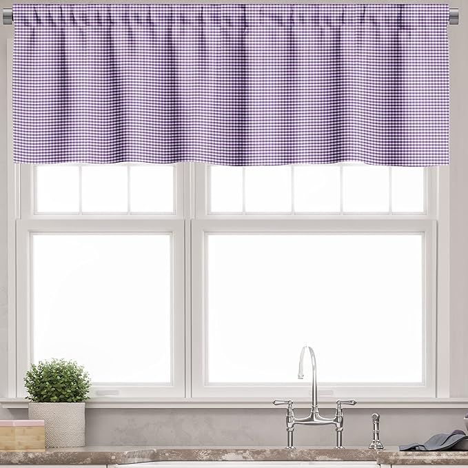 Ambesonne Checkered Valance & Tier Curtain 3 pcs Set, Purple and White Colored Gingham Checks Rows Picnic Theme Vintage Style Print, Window Treatments for Kitchen Room Decor, 55" x 45", Purple White