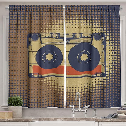 Ambesonne 70s Party Kitchen Curtains, Audiocassette Retro Music Theme Pop Art Vintage Obsolete Happy Vibes, Window Drapes 2 Panel Set for Kitchen Cafe Decor, 55" x 39", Night Blue