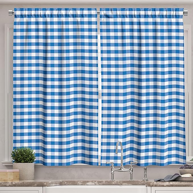 Ambesonne Checkered Kitchen Curtains, Monochrome Gingham Checks Classical Country Culture Old Fashioned Grid Design, Window Drapes 2 Panel Set for Kitchen Cafe Decor, 55" x 39", Blue White