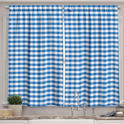 Ambesonne Checkered Kitchen Curtains, Monochrome Gingham Checks Classical Country Culture Old Fashioned Grid Design, Window Drapes 2 Panel Set for Kitchen Cafe Decor, 55" x 39", Blue White