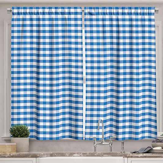 Ambesonne Checkered Kitchen Curtains, Monochrome Gingham Checks Classical Country Culture Old Fashioned Grid Design, Window Drapes 2 Panel Set for Kitchen Cafe Decor, 55" x 39", Blue White