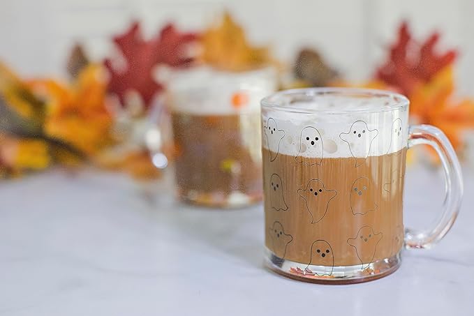 Pearhead Glass Ghost Mug, Halloween Home Décor, Coffee And Tea Glass Mug, Fall Drinkware Accessories, Seasonal Mug 12 oz.