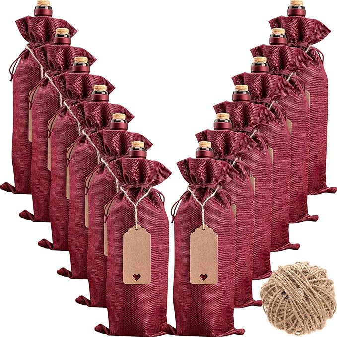 Burlap Wine Bags Wine Gift Bags, 12 Pcs Wine Bottle Bags with Drawstrings, Tags & Rope, Reusable Wine Bottle Covers for Christmas, Wedding, Birthday, Travel, Holiday Party, Housewarming, Home Storage