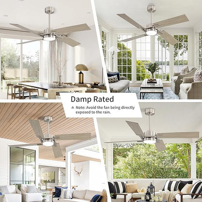 WINGBO 56 Inch DC Ceiling Fan with Lights and Remote, 4 Plywood Blades, 6-Speed Reversible DC Motor, Dimmable, 3CCT, Farmhouse Ceiling Fan for Bedroom Living Room Kitchen, Brushed Nickel and Gray