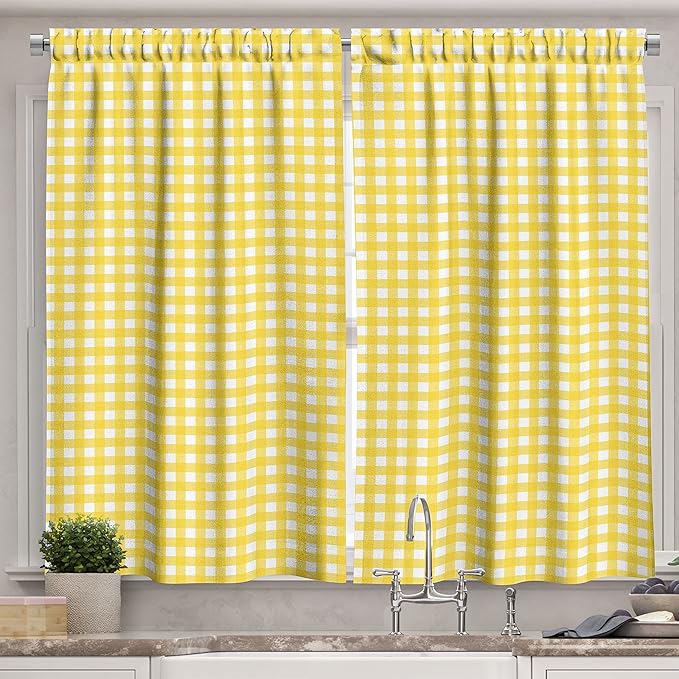 Ambesonne Checkered Kitchen Curtains, Classic English Pattern in Yellow Picnic in Summertime Theme Retro Striped, Window Drapes 2 Panel Set for Kitchen Cafe Decor, 55" x 39", Yellow White