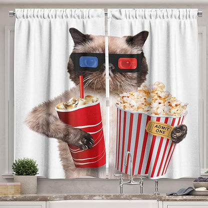 Ambesonne Movie Theater Kitchen Curtains, Cat with Popcorn and Drink Watching Movie Glasses Entertainment Cinema Fun, Window Drapes 2 Panel Set for Kitchen Cafe Decor, 55" x 39", Cream Red