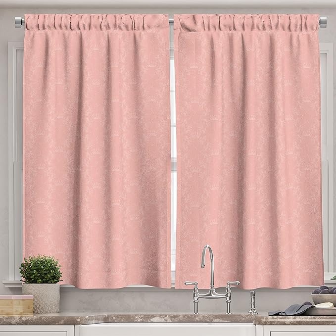 Ambesonne Peach Long Kitchen Curtains, Soft Colored Background with Crowns and Floral Abstract Motifs with Faded Look Monochrome, Two Panels Drapes with Rod Pocket Room Decor, 55" x 45", Coral