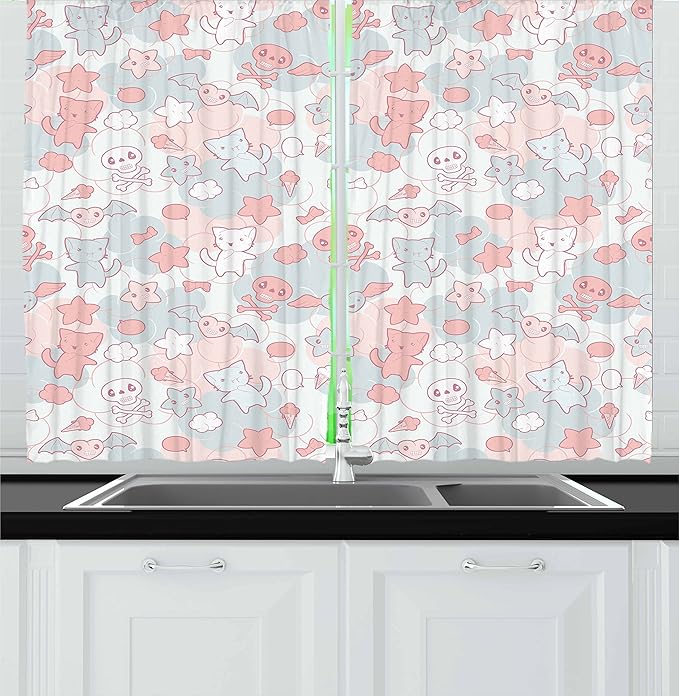 Ambesonne Cartoon Kitchen Curtains, Styled Cats Bats and Skulls Japanese Inspired Kawaii Design, Window Drapes 2 Panel Set for Kitchen Cafe Decor, 55" x 30", Pale Pink