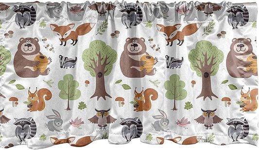 Ambesonne Forest Window Valance, Doodle Woodland Creatures as Honey Bear Rabbit Fox and Raccoon in Nature Habitat, Curtain Valance for Kitchen Bedroom Decor with Rod Pocket, 54" X 12", Coffee Brown