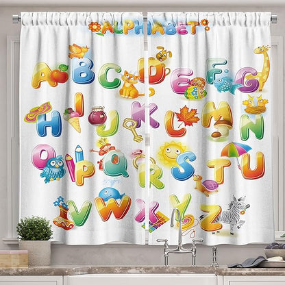 Ambesonne Educational Kitchen Curtains, Cheerful Cartoon Fun Alphabet Design Font Preschool Kindergarten Design, Window Drapes 2 Panel Set for Kitchen Cafe Decor, 55" x 39", Orange