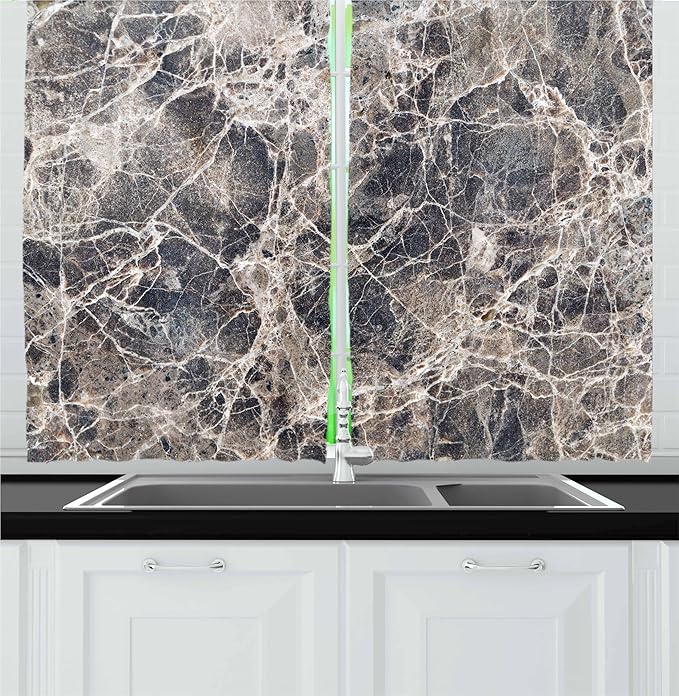 Ambesonne Marble Kitchen Curtains, Ceramic Style Grunge Scratches with Formless Lines and Cracks Artwork, Window Drapes 2 Panel Set for Kitchen Cafe Decor, 55" x 24", Beige Taupe