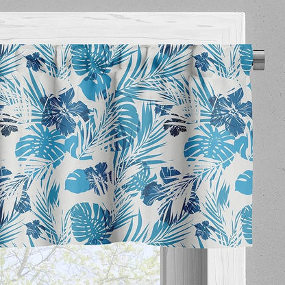 Ambesonne Leaf Valance & Tier Curtain 3 pcs Set, Island Ocean Beach Sea Inspired Hawaiian Flowers Palm Tree Leaves Art Print, Window Treatments for Kitchen Room Decor, 55" x 24", Blue Lilac