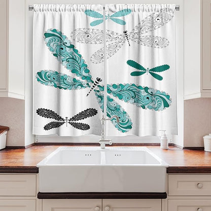 Ambesonne Dragonfly Long Kitchen Curtains, Ornamental Dragonfly with Lace and Damask Effects Image, Two Panels Drapes with Rod Pocket Room Decor, 55" x 45", Black Turquoise