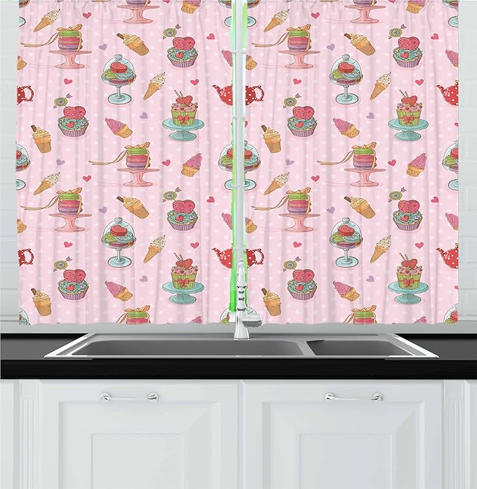 Ambesonne Ice Cream Kitchen Curtains, Retro Style Cupcakes Teapots Candies Cookies on Polka Dots Vintage Kitchen Print, Window Drapes 2 Panel Set for Kitchen Cafe Decor, 55" x 30", Pastel Pink