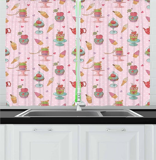 Ambesonne Ice Cream Kitchen Curtains, Retro Style Cupcakes Teapots Candies Cookies on Polka Dots Vintage Kitchen Print, Window Drapes 2 Panel Set for Kitchen Cafe Decor, 55" x 30", Pastel Pink