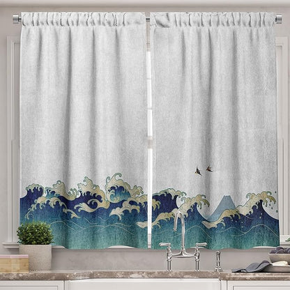 Ambesonne Japanese Wave Long Kitchen Curtains, Aquatic Swirls Birds of Ocean Ukiyo-e Style Artwork Greyscale Background, Two Panels Drapes with Rod Pocket Room Decor, 55" x 45", Grey Blue