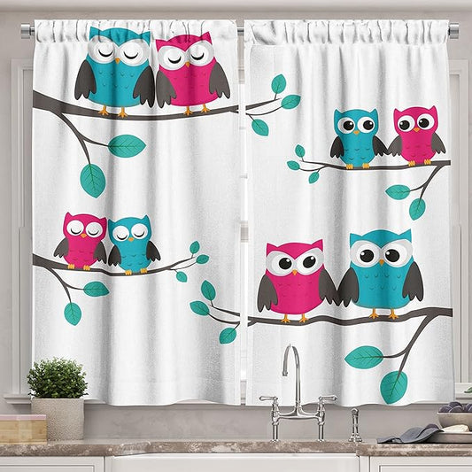 Ambesonne Nursery Long Kitchen Curtains, Couples of Owls Sitting on Spring Branches Funny Cartoon Characters, Two Panels Drapes with Rod Pocket Room Decor, 55" x 45", Pink Turquoise