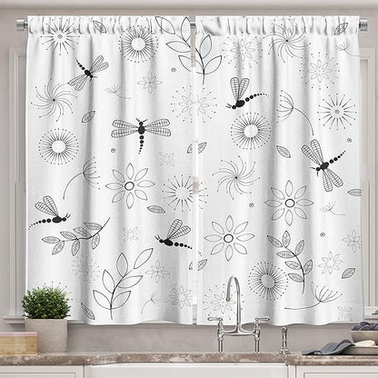 Ambesonne Dragonfly Long Kitchen Curtains, Bohem Inspired Flying Butterfly Like Bugs and Flowers Dandelion Image, Two Panels Drapes with Rod Pocket Room Decor, 55" x 45", Charcoal White