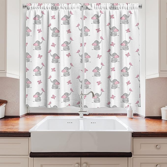 Ambesonne Elephant Nursery Kitchen Curtains, Baby Elephants Playing with Butterflies Design Pattern, Window Drapes 2 Panel Set for Kitchen Cafe Decor, 55" x 39", Grey Pink