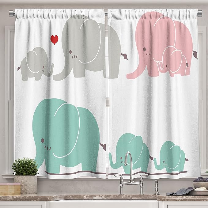 Ambesonne Cartoon Long Kitchen Curtains, Family Love Theme Elephants Mother's Day Theme, Two Panels Drapes with Rod Pocket Room Decor, 55" x 45", Seafoam Pink