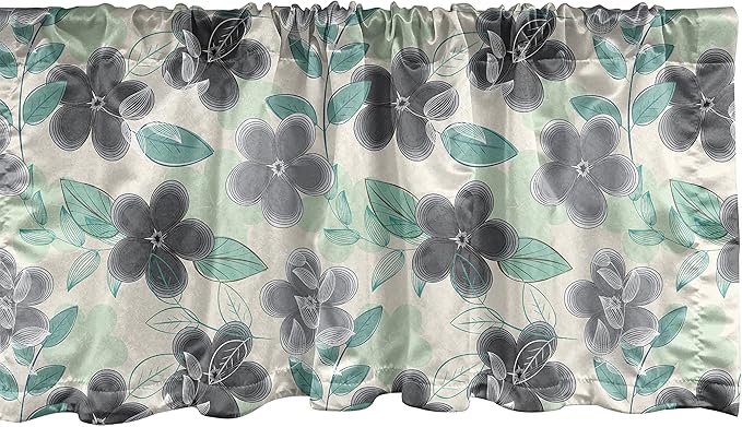 Ambesonne Floral Window Valance, Abstract Nostalgia Pattern with Retro Blooms and Leaves Romantic, Curtain Valance for Kitchen Bedroom Decor with Rod Pocket, 54" X 12", Black Grey