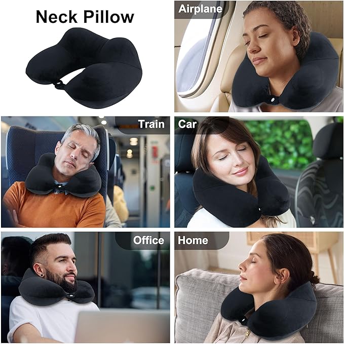 Neck Pillow, Inflatable Travel Pillow, Soft & Support Travel Essentials for Airplane/Car/Office&Home Rest Use, Comfortable & Breathable Machine Washable Cover with Storage Bag (Black)