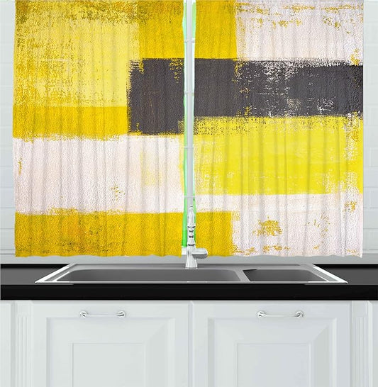 Ambesonne Grey and Yellow Kitchen Curtains, Abstract Grunge Style Brushstrokes Painting Contemporary Illustration, Window Drapes 2 Panel Set for Kitchen Cafe Decor, 55" x 24", White Charcoal