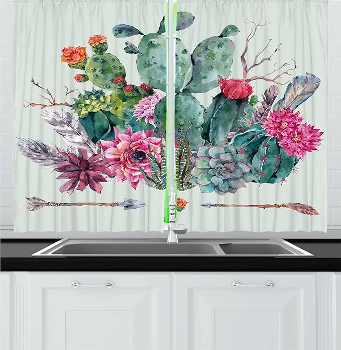 Ambesonne Cactus Kitchen Curtains, Spring Garden with Boho Style Bouquet of Thorny Plants Blossoms Arrows Feathers, Window Drapes 2 Panel Set for Kitchen Cafe Decor, 55" x 36", Mint Green