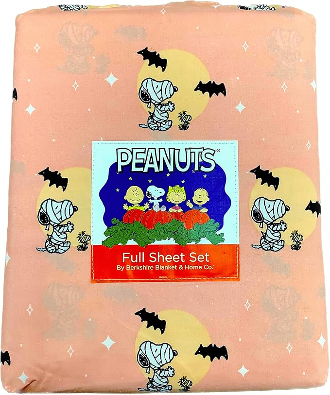 Berkshire Blanket & Home Co. Peanuts Halloween Fall Themed Sheet Sets (Peach - Mummies Infront of Full Moon, Full)