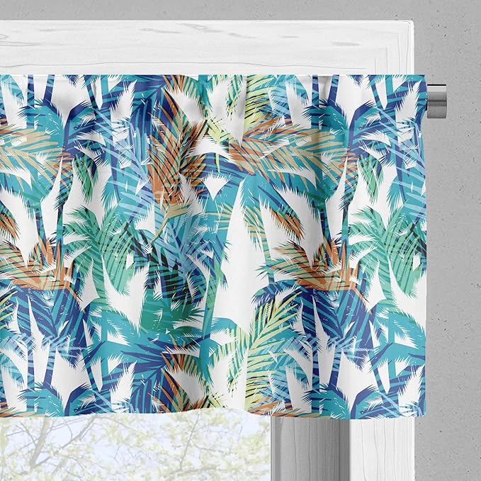 Ambesonne Palm Leaf Valance & Tier Curtain 3 pcs Set, Tropical Summer Print with Palm Abstract Nature Pattern Fantasy Dream, Window Treatments for Kitchen Room Decor, 55" x 36", Blue Mint Green Orange