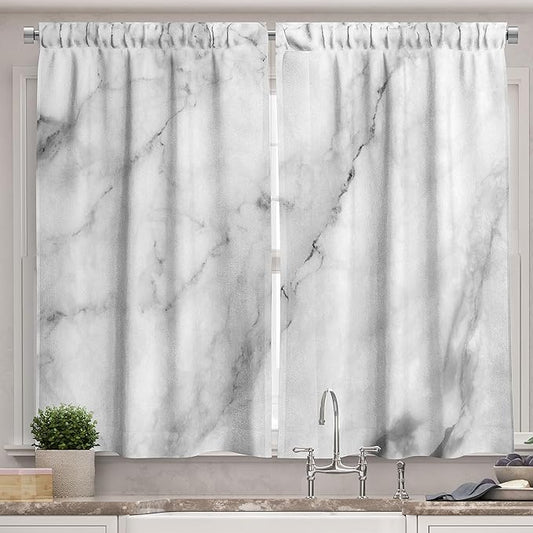 Ambesonne Marble Long Kitchen Curtains, Granite Surface Motif Sketch Nature Effect and Cracks Antique Style Image, Two Panels Drapes with Rod Pocket Room Decor, 55" x 45", Dust White