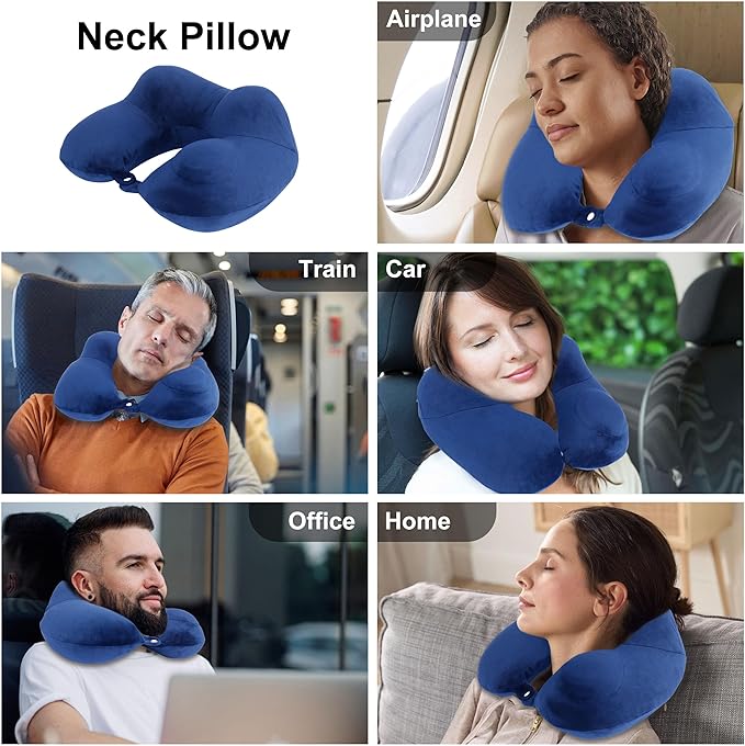 Neck Pillow, Inflatable Travel Pillows for Sleeping to Avoid Neck and Head Pain, Soft & Support Travel Essentials for Flight Headrest Sleep/Car/Office&Home Rest Use (Blue)