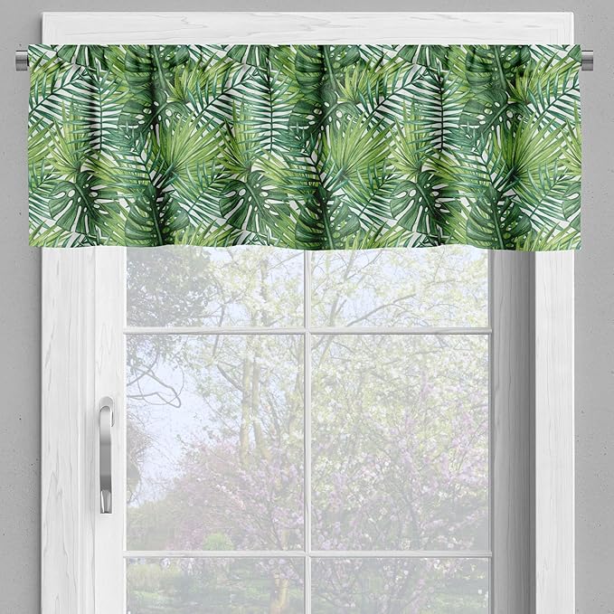 Ambesonne Leaf Valance & Tier Curtain 3 pcs Set, Tropical Exotic Banana Forest Palm Tree Leaves Watercolor Design Image, Window Treatments for Kitchen Room Decor, 55" x 45", Green