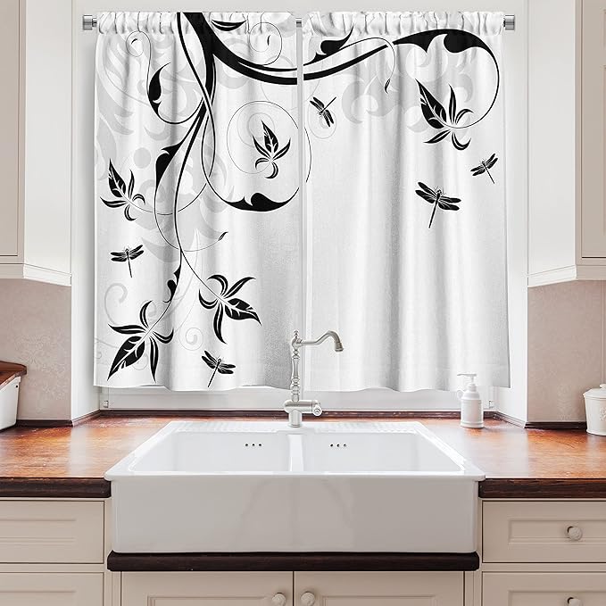 Ambesonne Dragonfly Long Kitchen Curtains, Swirled Floral Background Damask Curl Branches and Leaves Print, Two Panels Drapes with Rod Pocket Room Decor, 55" x 45", Light Grey