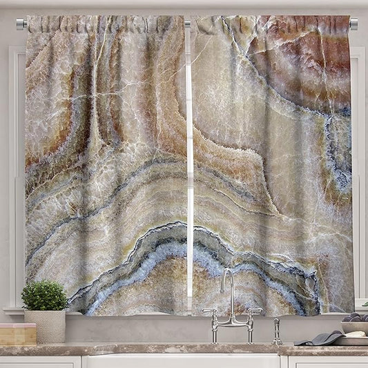 Ambesonne Marble Long Kitchen Curtains, Surreal Onyx Stone Surface Pattern Pale Blue Details Picture, Two Panels Drapes with Rod Pocket Room Decor, 55" x 45", Cinnamon Grey