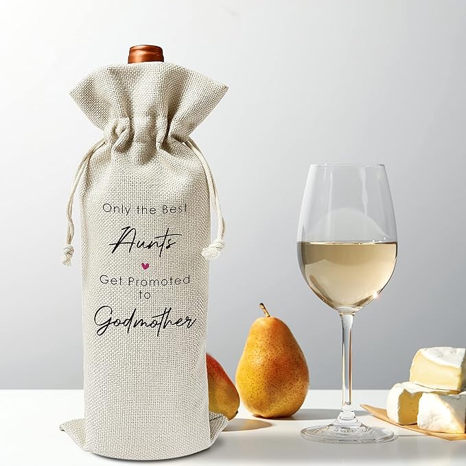 Zodvery Godmother Wine Gift Bags - Only The Best Aunts Get Promoted to Godmother, Baptism - Reusable Burlap With Drawstring Gift Bag (5.5"x 13.5")-1 Pcs/jiu053